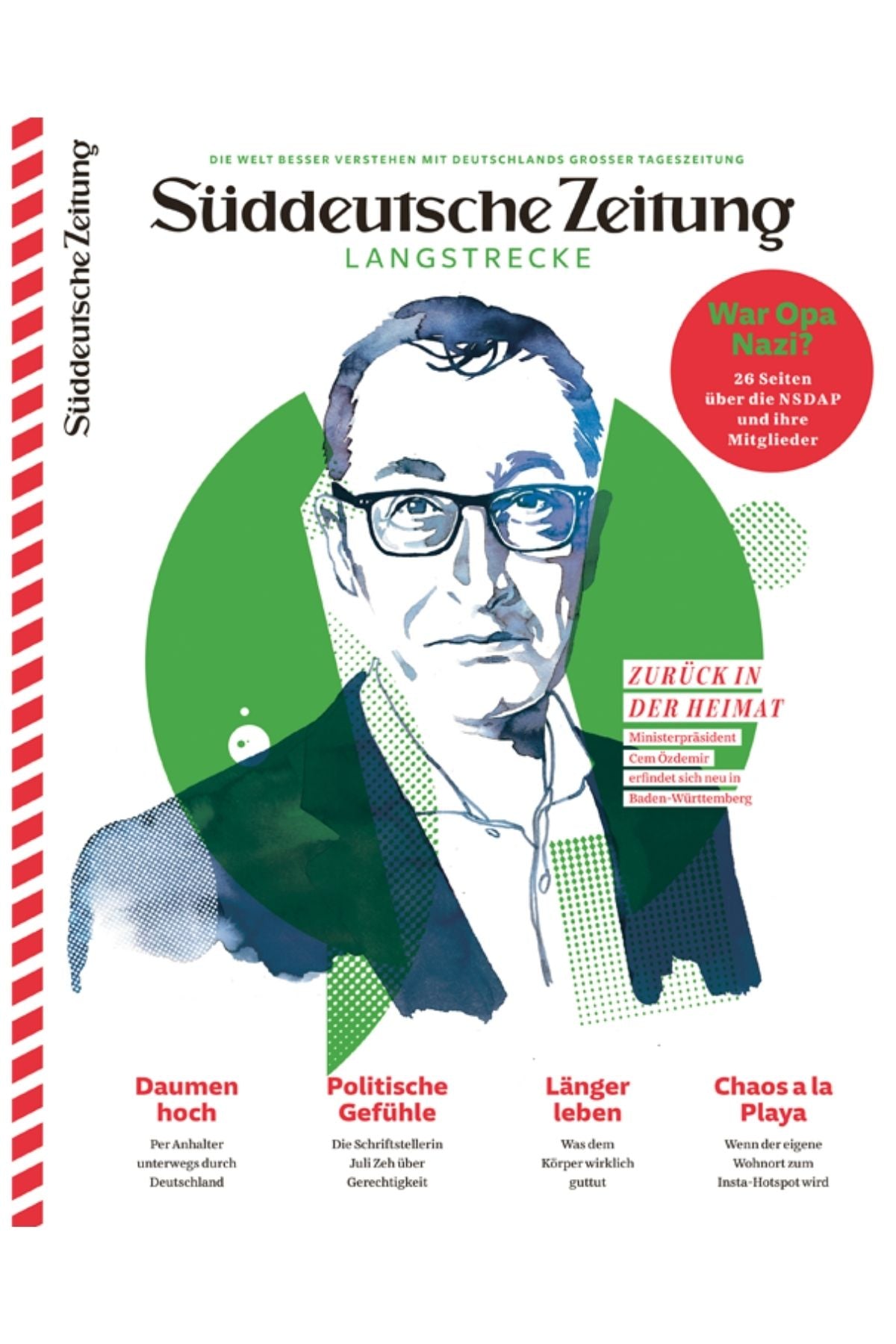 Titelseite der „Süddeutschen Zeitung“ mit einem illustrierten Porträt eines Mannes mit Brille (Cem Özdemir - Ministerpräsident von Baden-Württemberg), umgeben von Artikelüberschriften und einem roten Kreis, der auf einen Beitrag zum Thema Nationalsozialismus hinweist.