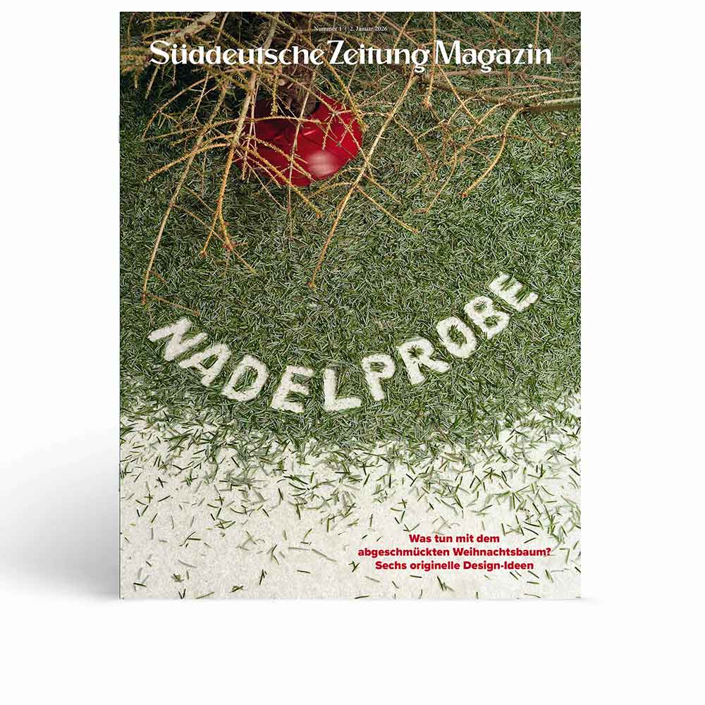Zeitschriftenumschlag mit Tannennadeln mit der Aufschrift NADELPROBE und einem roten Ornament auf Gras. Deutscher Text am oberen und unteren Rand.