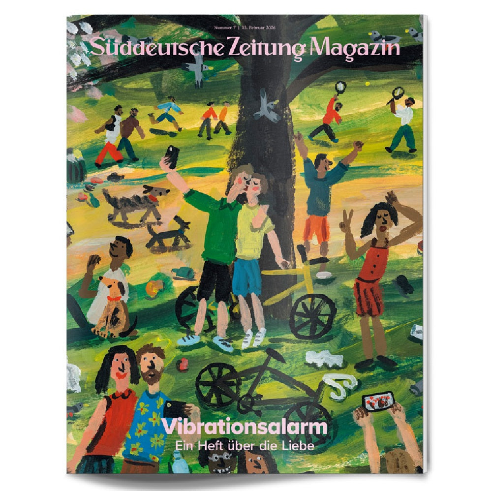 Illustrierte Titelseite eines Magazins, das Menschen in einem Park zeigt, die Selfies machen, sich umarmen, Rad fahren und unter Bäumen entspannen; die Schlagzeile lautet Vibrationsalarm - Ein Heft über die Liebe.