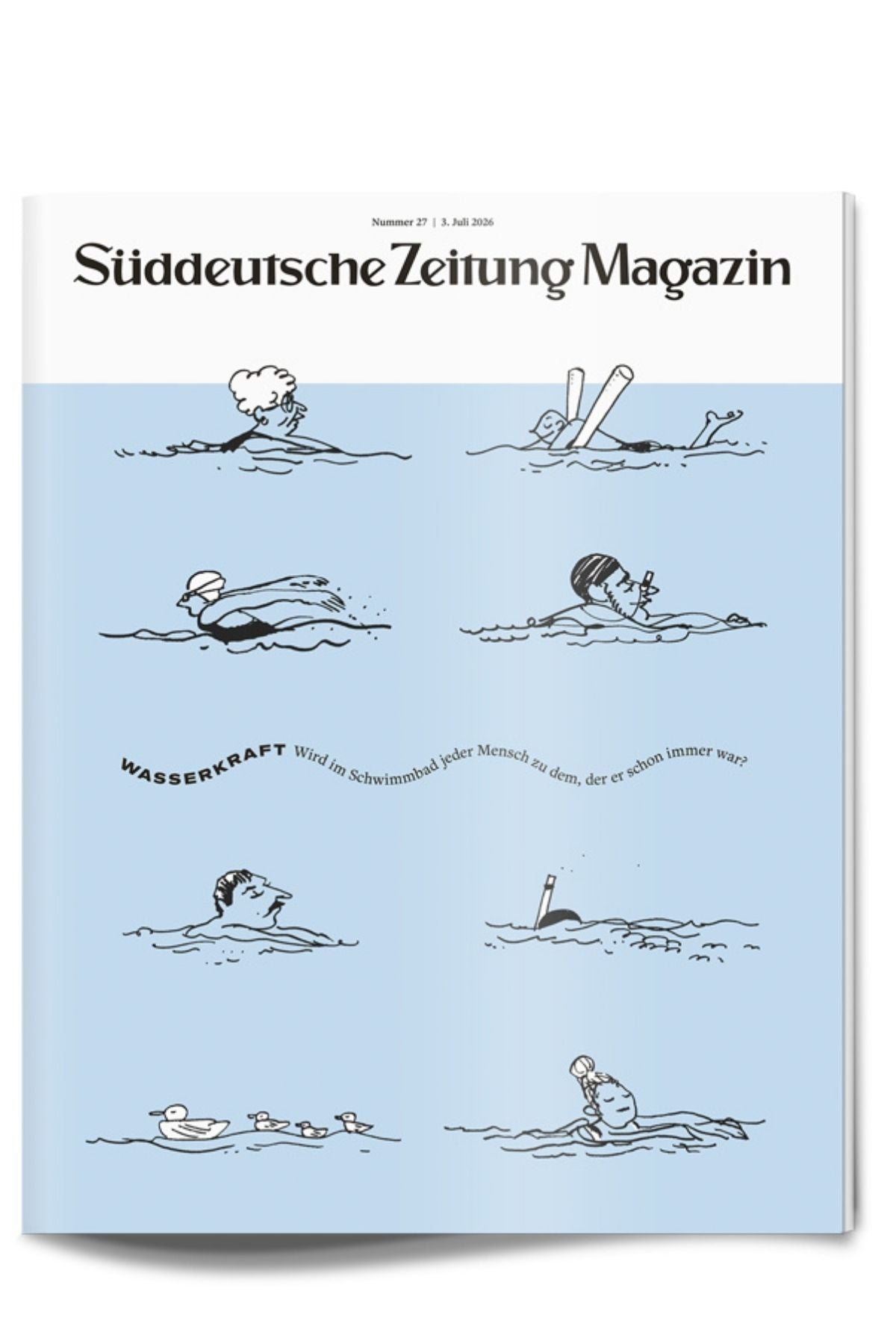 Titelseite des „Süddeutschen Zeitungsmagazins“ mit Karikaturen von Menschen, die in verschiedenen Schwimmstilen schwimmen, sowie einem deutschen Text über das Schwimmen in Schwimmbädern.