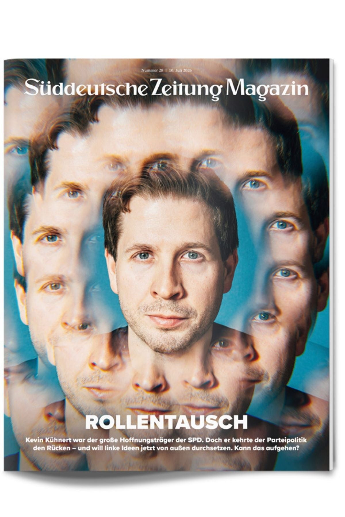 Ein Zeitschriftencover, auf dem das Gesicht eines Mannes in einem Kaleidoskop-Effekt mehrfach wiederholt ist, mit dem Schriftzug „ROLLENTAUSCH“ und einem weiteren deutschen Text darunter.