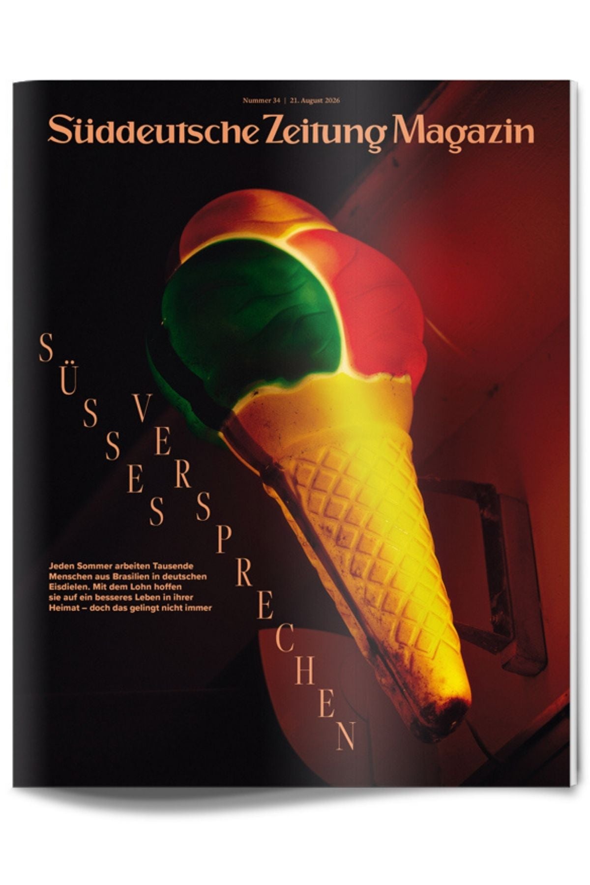 Auf dem Titelblatt des „Süddeutschen Zeitungsmagazins“ ist eine schmelzende Eistüte zu sehen, die unter rotem Licht steht; deutscher Text ist diagonal über das Bild angeordnet.