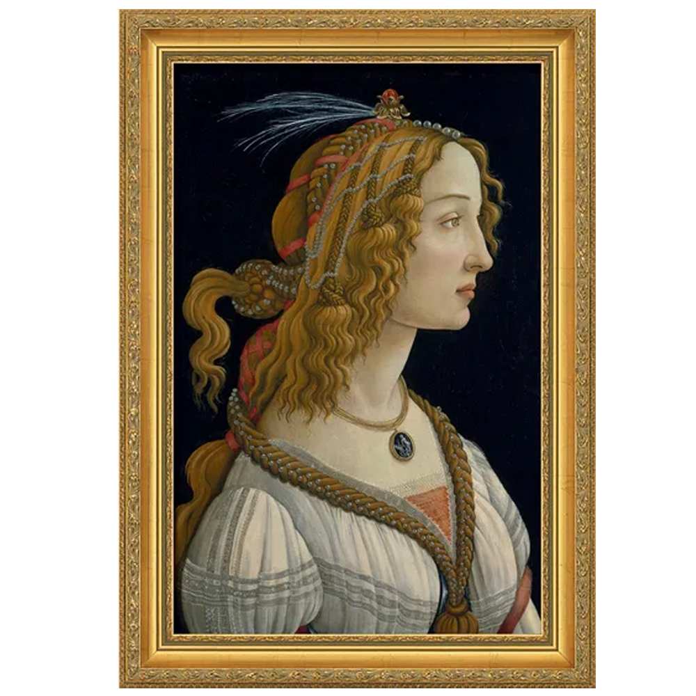 Sandro Botticellis „Weibliches Idealbildnis“ (ca. 1480): Ein Renaissanceporträt einer Frau mit lockigem Haar und aufwendigem Schmuck in einem verzierten Goldrahmen.