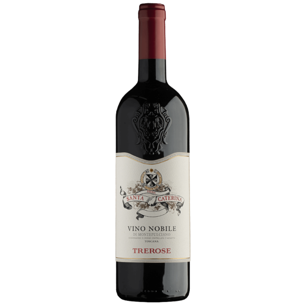 Eine Flasche Trerose Vino Nobile di Montepulciano Rotwein mit rotem Verschluss und cremefarbenem Etikett.