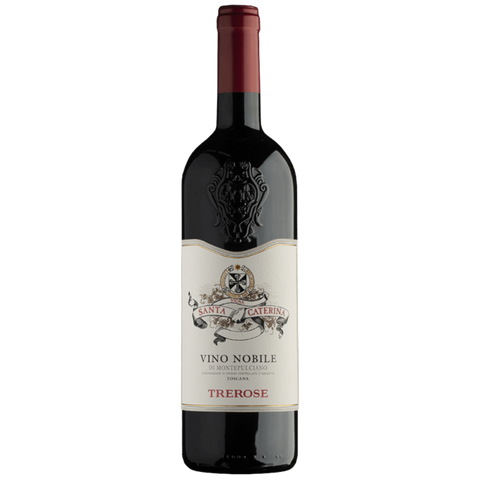 Eine Flasche Trerose Vino Nobile di Montepulciano Rotwein mit rotem Verschluss und cremefarbenem Etikett.