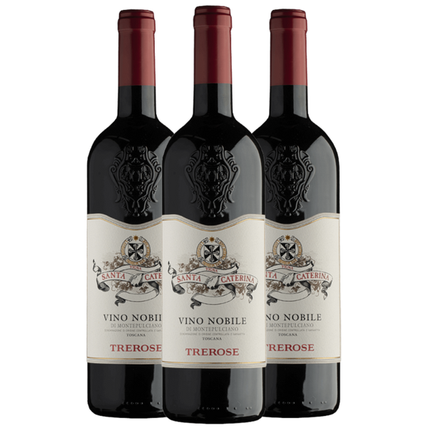 Drei Flaschen des Rotweins Santa Caterina Vino Nobile di Montepulciano mit cremefarbenen Etiketten.