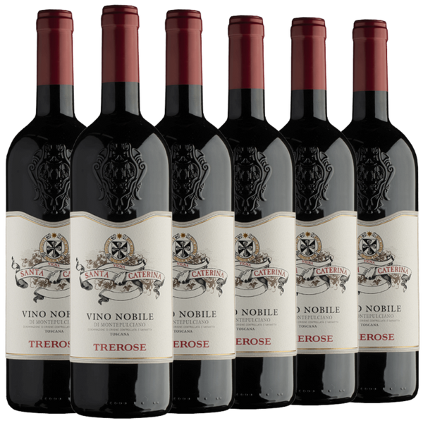 Sechs Flaschen Santa Caterina Vino Nobile di Montepulciano Rotwein mit rotem Verschluss in einer Reihe.