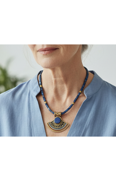 Perlenkette in Blau und Gold mit einem fächerförmigen Anhänger mit komplizierten Mustern und farbenfrohen Akzenten. Getragen von einer älteren Dame in blauer Bluse. 