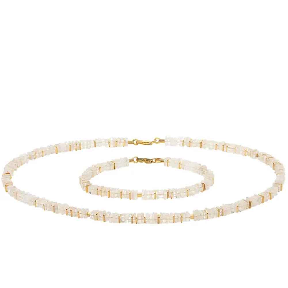 Goldkette und Armband mit quadratischen weißen Perlen auf weißem Hintergrund.