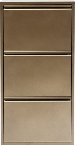 Metallischer Schuhschrank mit drei Schubladen und bronzefarbenem Finish, von vorne gesehen.
