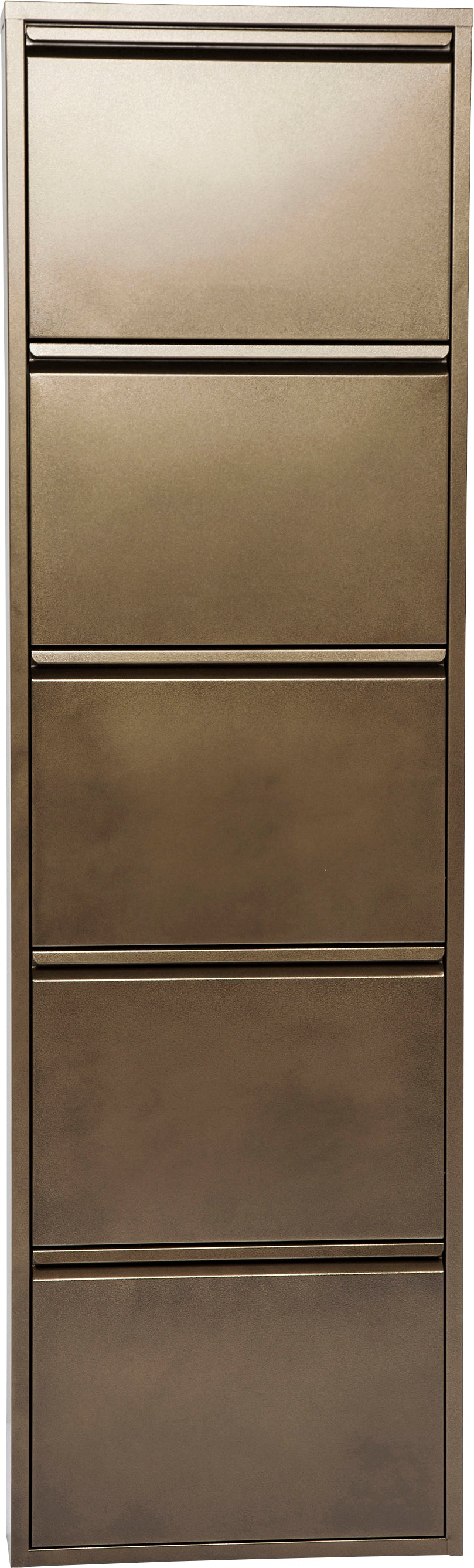 Ein hoher Schuhschrank mit fünf Schubladen aus Metall in Bronzeoptik.