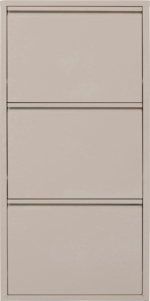 Ein beiger Schuhschrank mit drei Schubladen und einem einfachen, modernen Design.