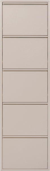 Eine hohe, beigefarbener Schuhschrank mit fünf Schubladen und einem minimalistischen, modernen Design.
