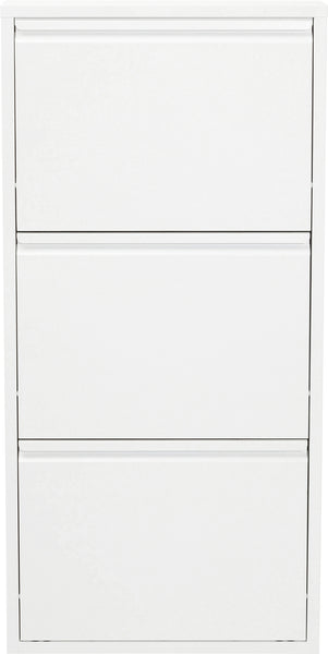 Ein weißer Schuhschrank mit drei Schubladen und einem einfachen, minimalistischen Design.