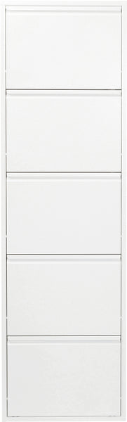 Ein hoher weißer Schuhschrank mit fünf Schubladen, von vorne gesehen vor einem schlichten Hintergrund.