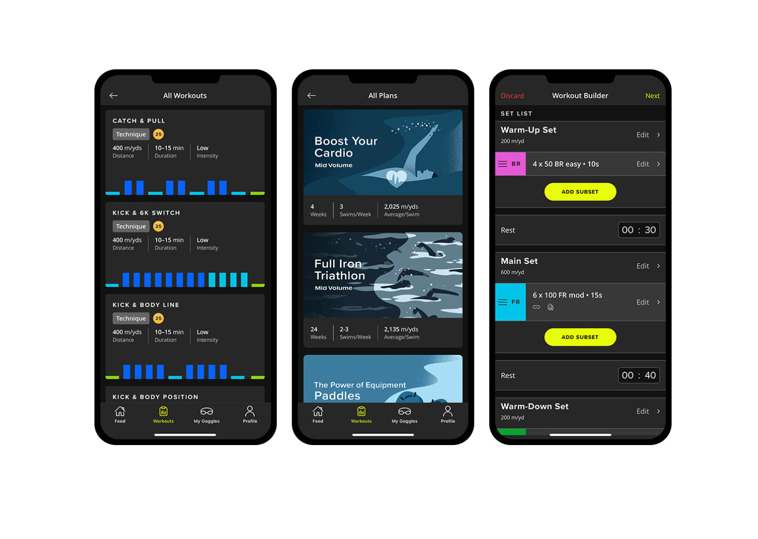 Auf drei Smartphone-Bildschirmen wird eine Schwimmtrainings-App mit Trainingszusammenfassungen, Trainingsplänen und einer Benutzeroberfläche für die Trainingsplanerstellung mit Zeitangaben, Distanzen und Messwerten angezeigt.
