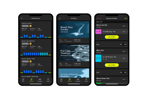 Auf drei Smartphone-Bildschirmen wird eine Schwimmtrainings-App mit Trainingszusammenfassungen, Trainingsplänen und einer Benutzeroberfläche für die Trainingsplanerstellung mit Zeitangaben, Distanzen und Messwerten angezeigt.