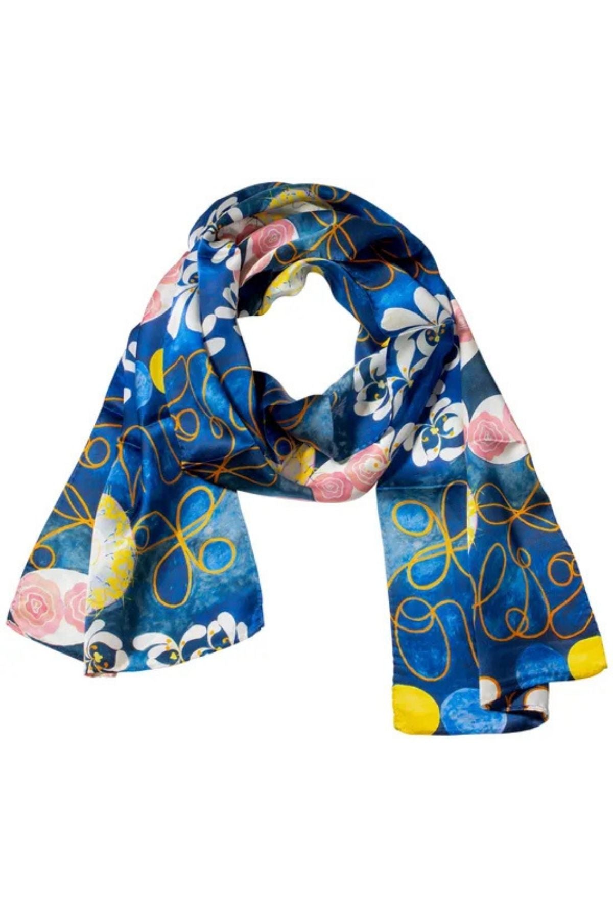 Blauer Schal mit Blumenmuster, bestehend aus rosa und weißen Blumen, gelben Wirbeln und Akzenten auf blauem Hintergrund.