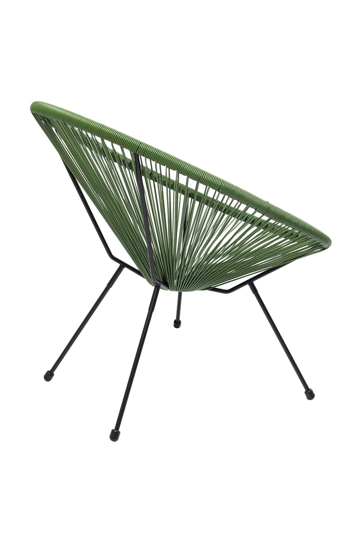 Moderner Stuhl mit grünem Sitz und grüner Rückenlehne, rundem Design und schwarzen Metallbeinen.
