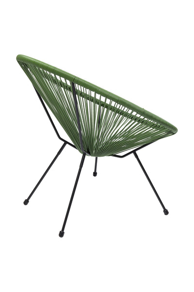 Moderner Stuhl mit grünem Sitz und grüner Rückenlehne, rundem Design und schwarzen Metallbeinen.