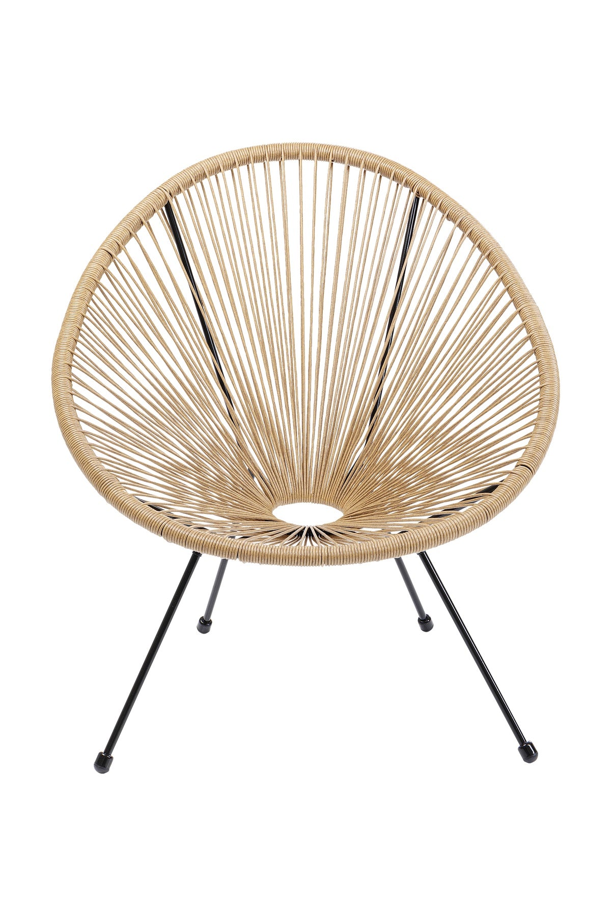 Runder Stuhl mit Sitz und Rückenlehne aus geflochtenem Rattan mit Sonnenschliff-Muster, getragen von drei angewinkelten schwarzen Metallbeinen.