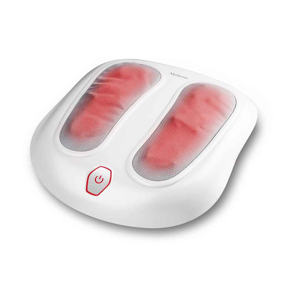 Weißes elektrisches Fußmassagegerät mit rotem Einschaltknopf, das zwei fußförmige Massagebereiche mit einer Netzabdeckung aufweist.