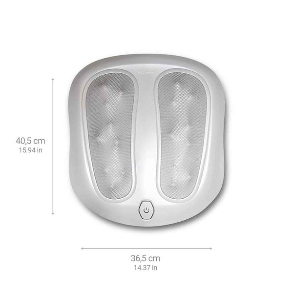 Draufsicht auf ein weißes Fußmassagegerät mit Einschaltknopf und Angabe der Abmessungen in Zentimetern und Zoll.