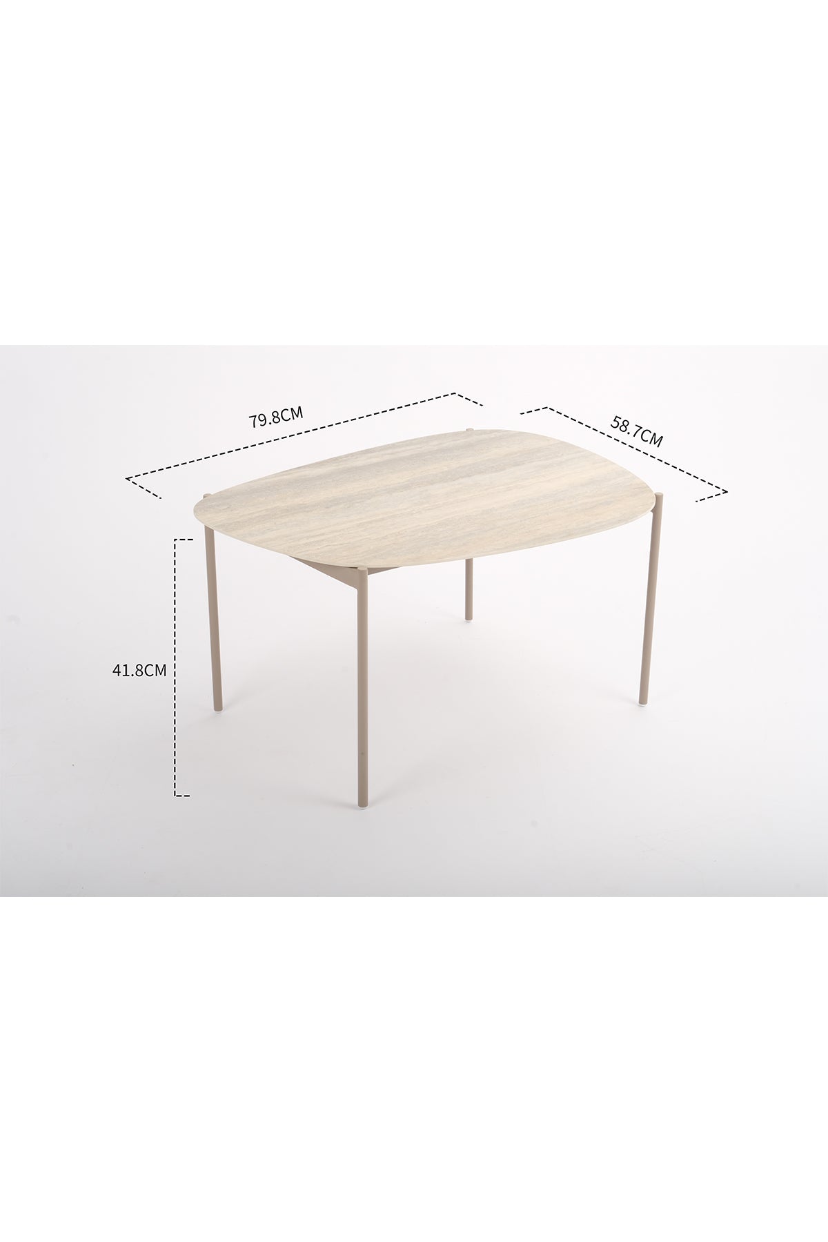 Rechteckiger Tisch mit vier Beinen auf weißem Grund, mit einer Länge von 79,8 cm, einer Breite von 58,7 cm und einer Höhe von 41,8 cm.