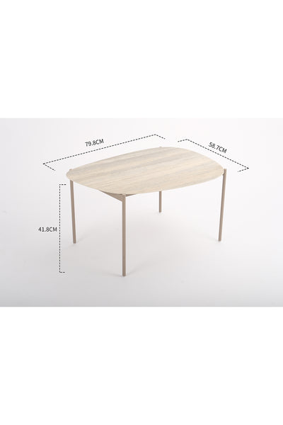 Rechteckiger Tisch mit vier Beinen auf weißem Grund, mit einer Länge von 79,8 cm, einer Breite von 58,7 cm und einer Höhe von 41,8 cm.