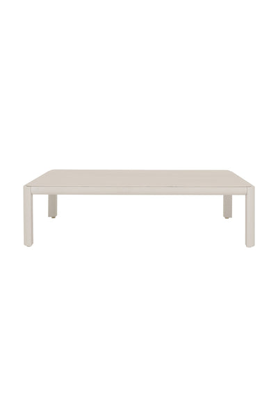 Rechteckiger beiger Tisch mit vier geraden Beinen, fotografiert vor einem schlichten weißen Hintergrund.