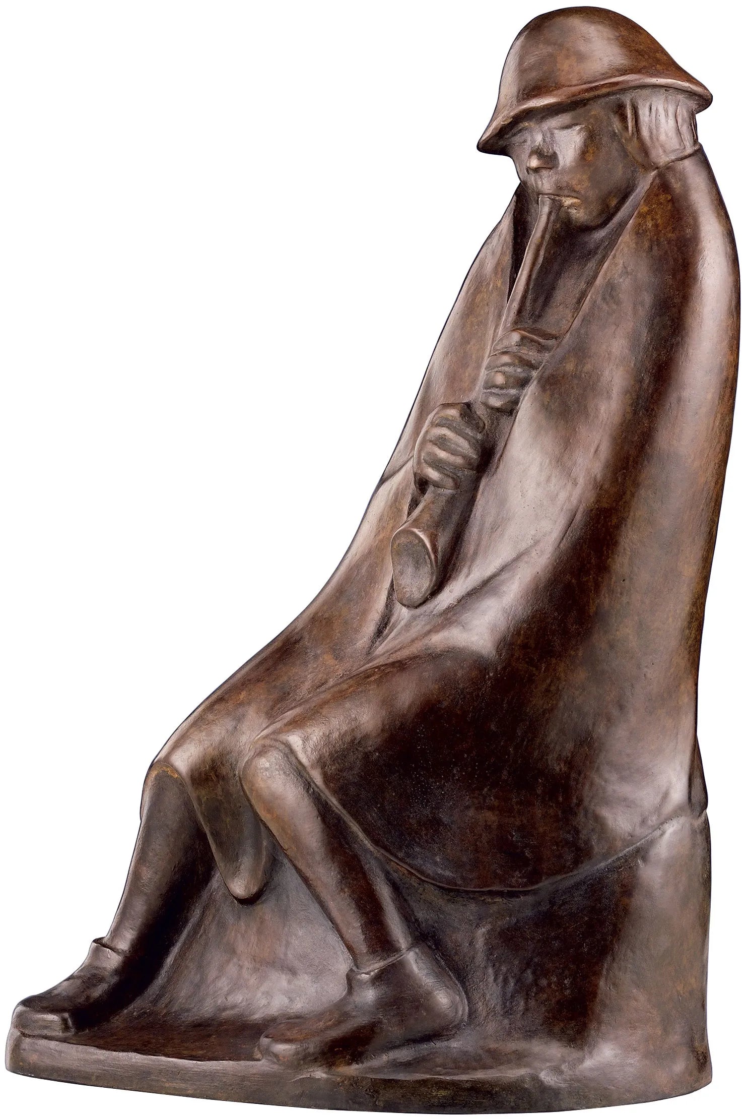 Bronzeskulptur einer sitzenden Person in einem Mantel, die Flöte spielt, mit einem helmartigen Hut.