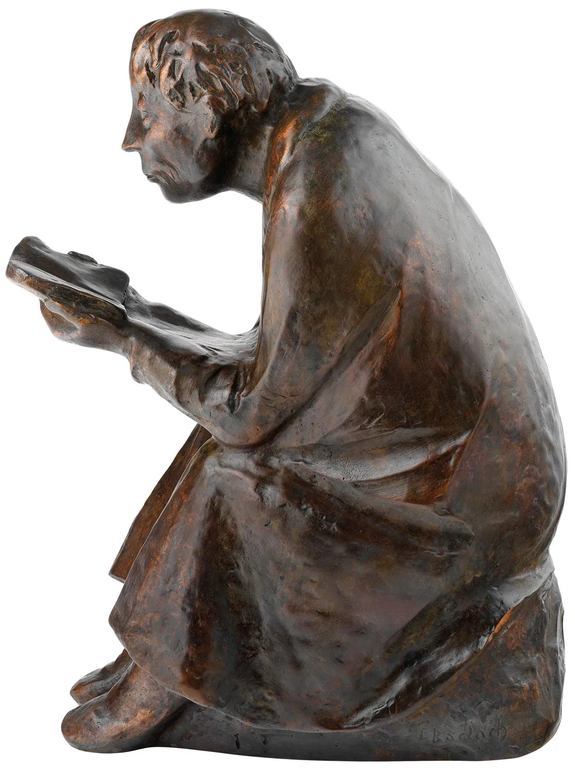 Bronzeskulptur einer sitzenden Person, die ein Buch liest, nach vorne gelehnt, in einem langen Gewand.