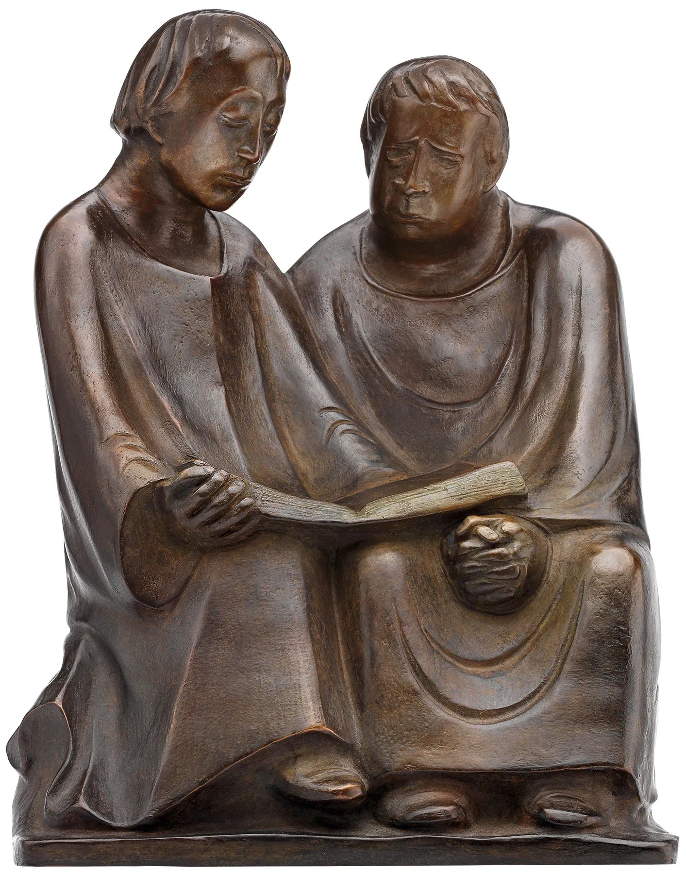 Bronzeskulptur von zwei sitzenden Figuren, die gemeinsam lesen. Beide tragen drapierte Gewänder und teilen sich ein Buch.