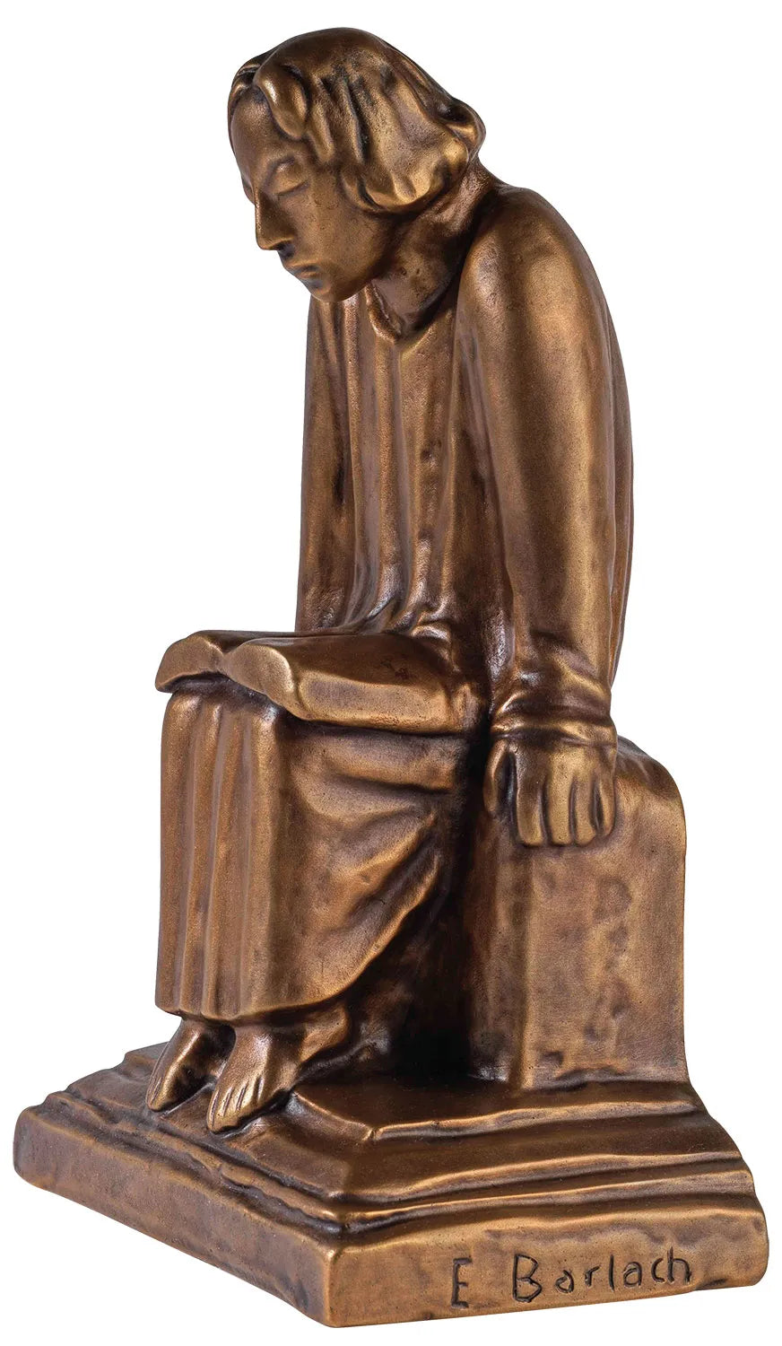 Bronzestatue einer sitzenden, kontemplativen Figur im Gewand mit der Inschrift E Barlach auf dem Sockel.