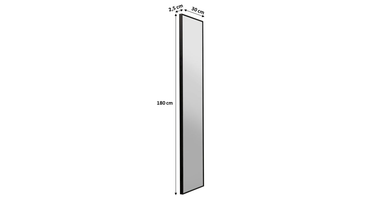 Rechteckiger Wandspiegel mit den angegebenen Maßen: 180 cm hoch, 30 cm breit und 2,5 cm dick.