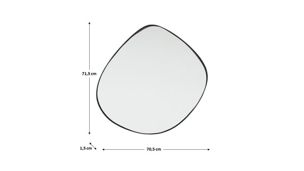 Asymmetrischer Spiegel mit schwarzem Rahmen, Maße: 71,5 cm hoch, 70,5 cm breit, 1,5 cm dick.