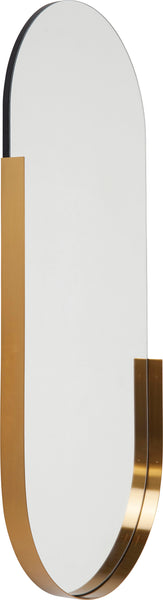 Ovaler Wandspiegel mit einem goldenen Metallrahmen, der den Boden und die Seiten einfasst.