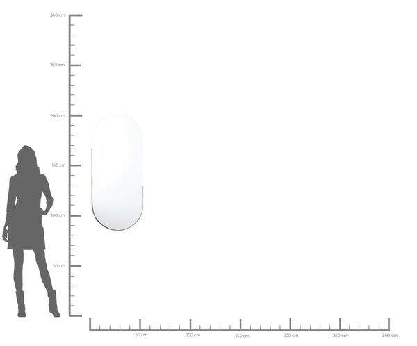 Ein Wandspiegel mit abgerundeten Kanten neben einer Silhouette, die eine Höhe von etwa 120 cm aufweist.