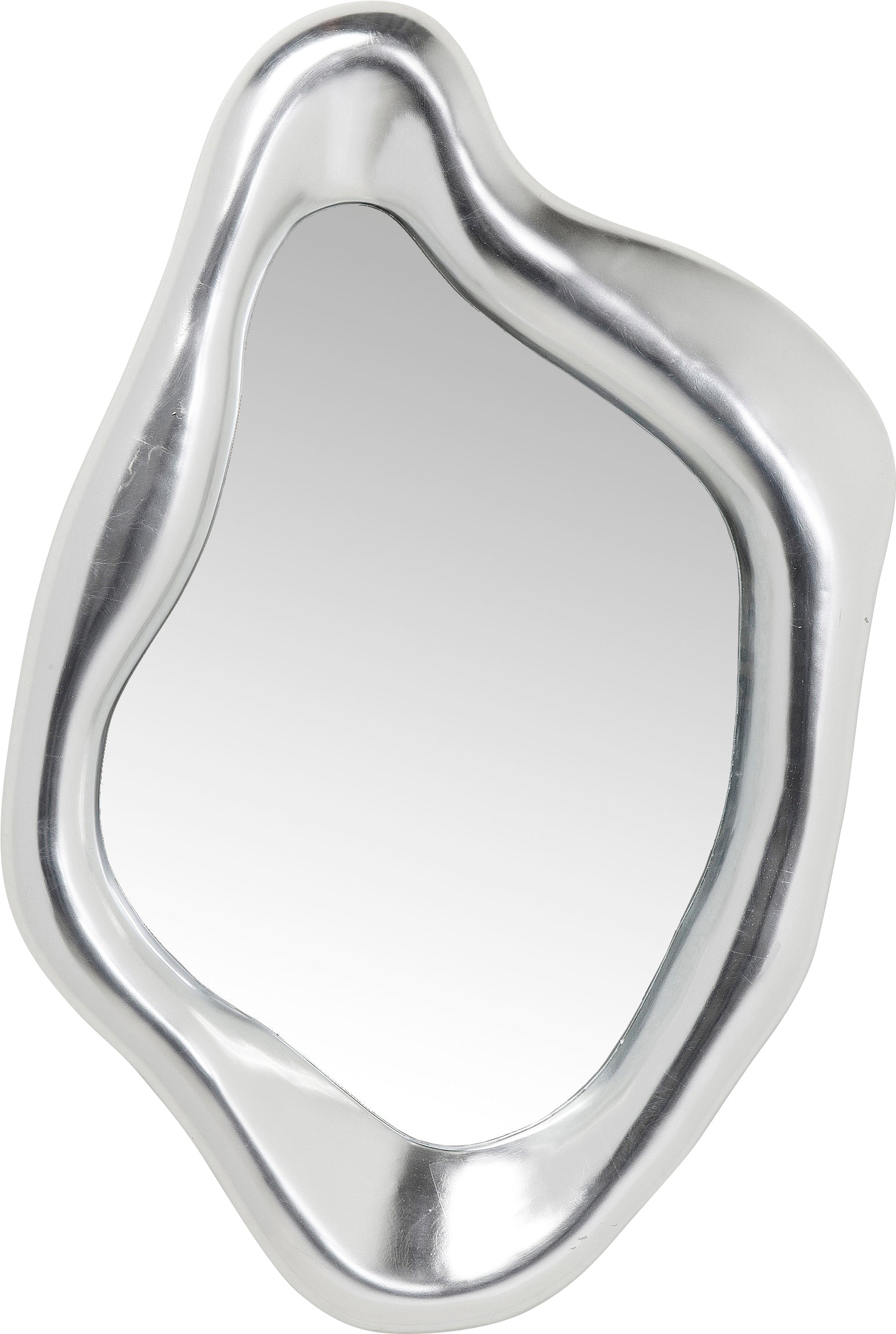 Abstrakter Spiegel mit unregelmäßigem, gewelltem Rahmen aus silbernem Metall und glatter, reflektierender Oberfläche.
