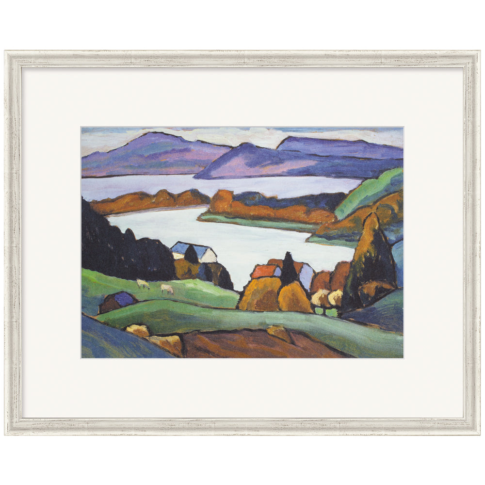 Farbenfrohes Gemälde eines Dorfes am See mit Bergen im Hintergrund, weiß gerahmt.