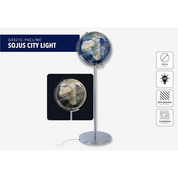 Stehleuchte mit kugelförmiger LED-Leuchte und Metallfuß mit der Aufschrift SOJUS CITY LIGHT.
