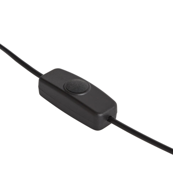 Schwarzer Inline-Schnurschalter mit einem zentralen Knopf, der auf beiden Seiten mit einem dünnen schwarzen Kabel verbunden ist.