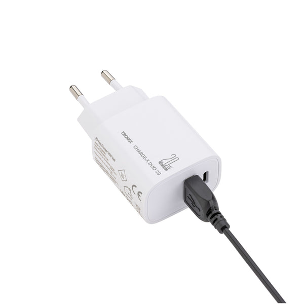 Weißes Wandladegerät mit zwei runden Stiften und einem schwarzen Kabel, das in den USB-Anschluss eingesteckt ist, auf weißem Hintergrund.