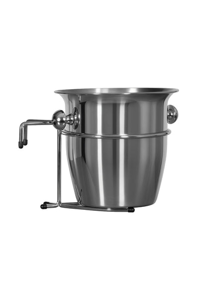 Ein Eiskübel aus rostfreiem Stahl mit rundem Design, seitlichem Griff und angebrachtem Zangenhalter auf einem kleinen Metallständer.