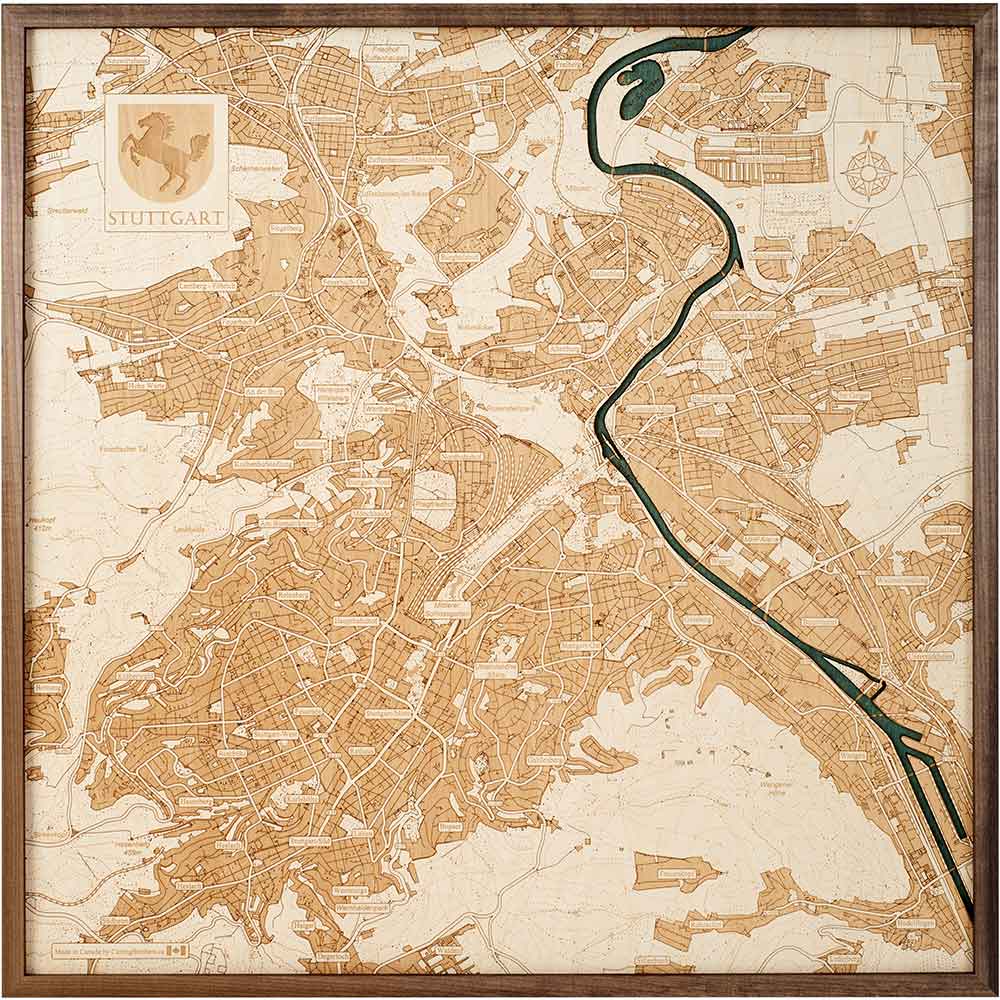 Gerahmter historischer Stadtplan von Stuttgart, Deutschland, mit detaillierten Straßen, Gebäuden und einem Fluss, der durch die Stadt fließt.
