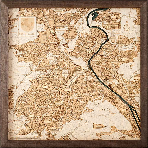 Gerahmte Karte im Vintage-Stil von Stuttgart, Deutschland, mit detaillierten Straßen, Wasserwegen und topografischen Merkmalen in Braun- und Beigetönen.