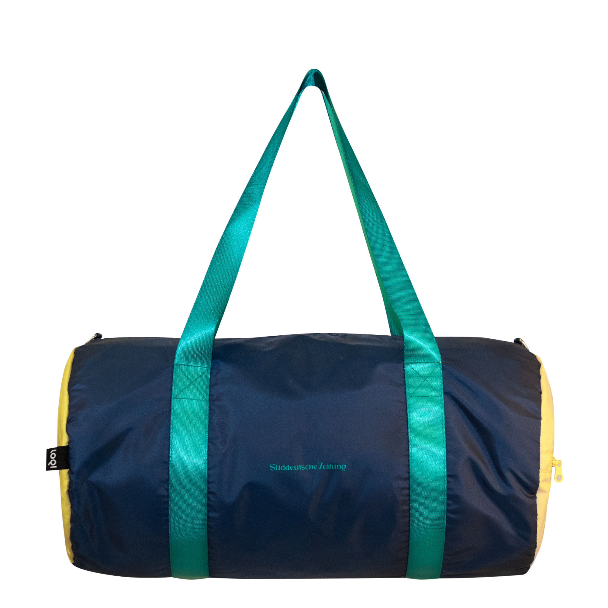 Tasche Weekender blau und  an den beiden Seiten gelb mit grünen Henkeln und Logo Süddeutsche Zeitung