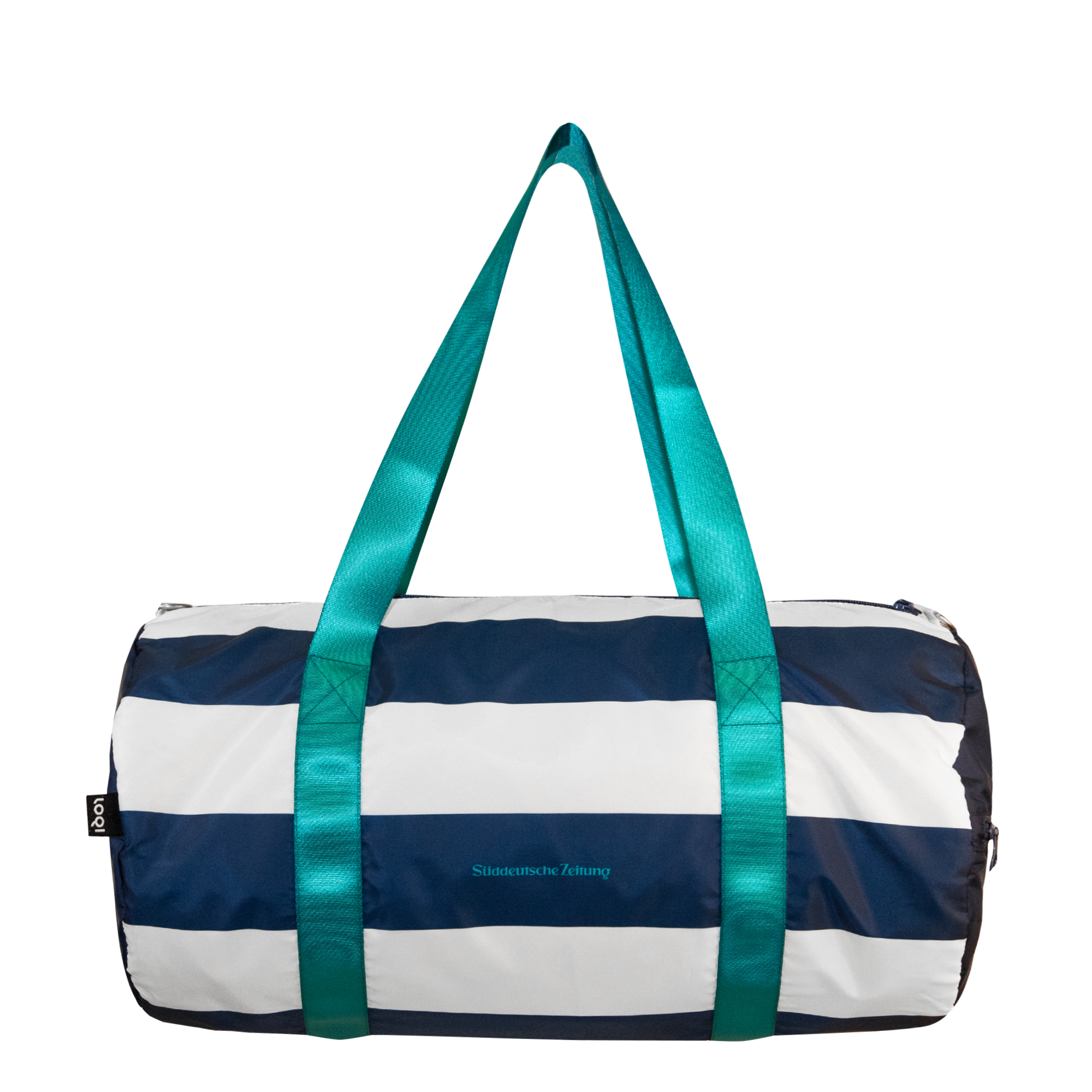 Tasche Weekender blau weiß gestreift  mit grünen Henkeln und Logo Süddeutsche Zeitung