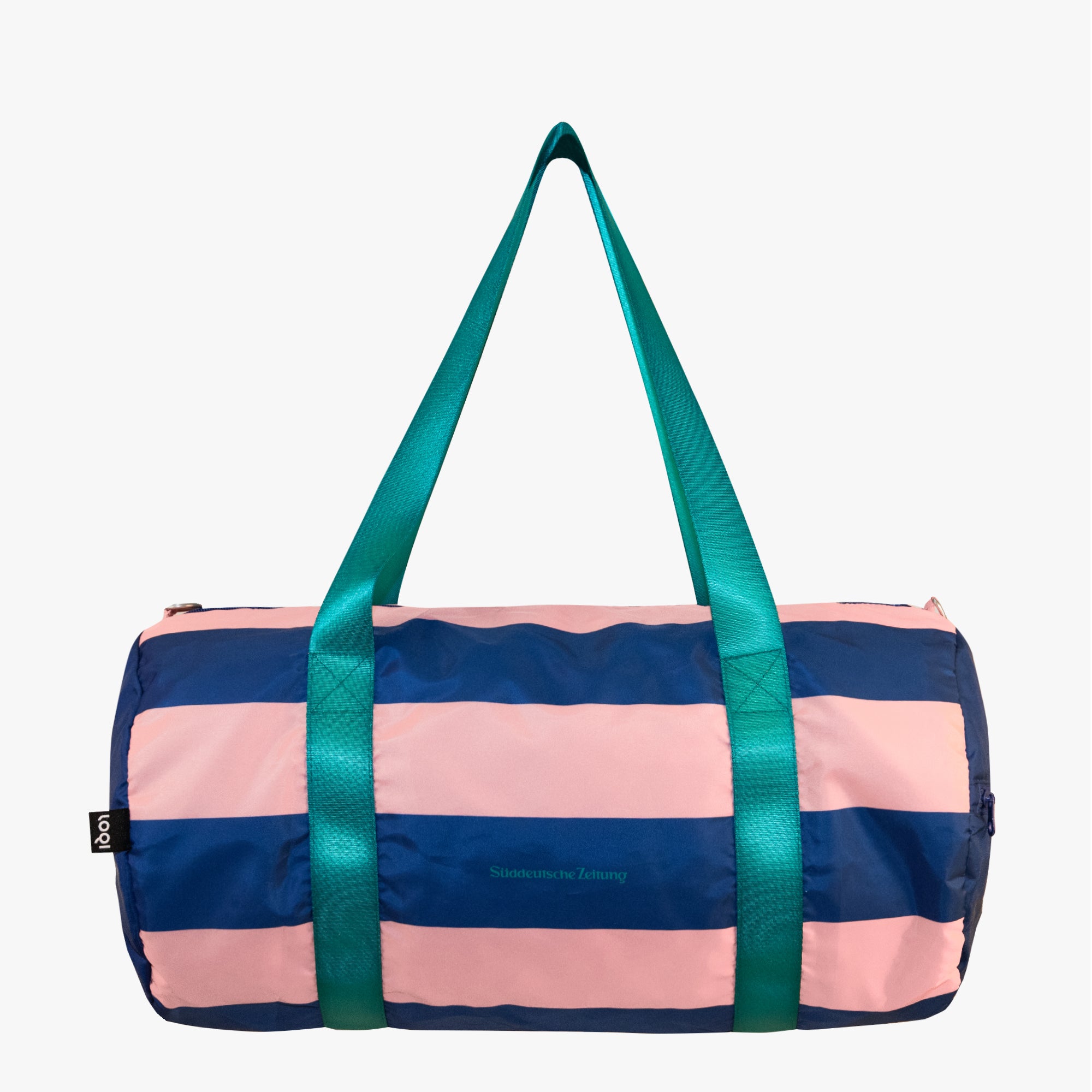 Tasche Weekender rosa blau gesreift  mit grünen Henkeln und Logo Süddeutsche Zeitung 