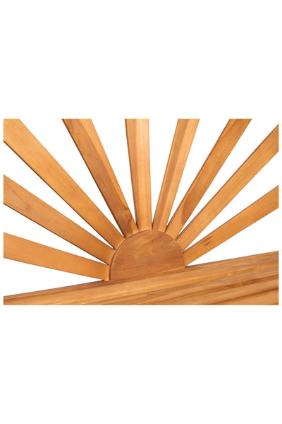 Kopfteil aus Holz mit halbrundem Sockel und strahlenförmig angeordneten Latten, die ein Sonnenschliffmuster auf weißem Grund bilden.